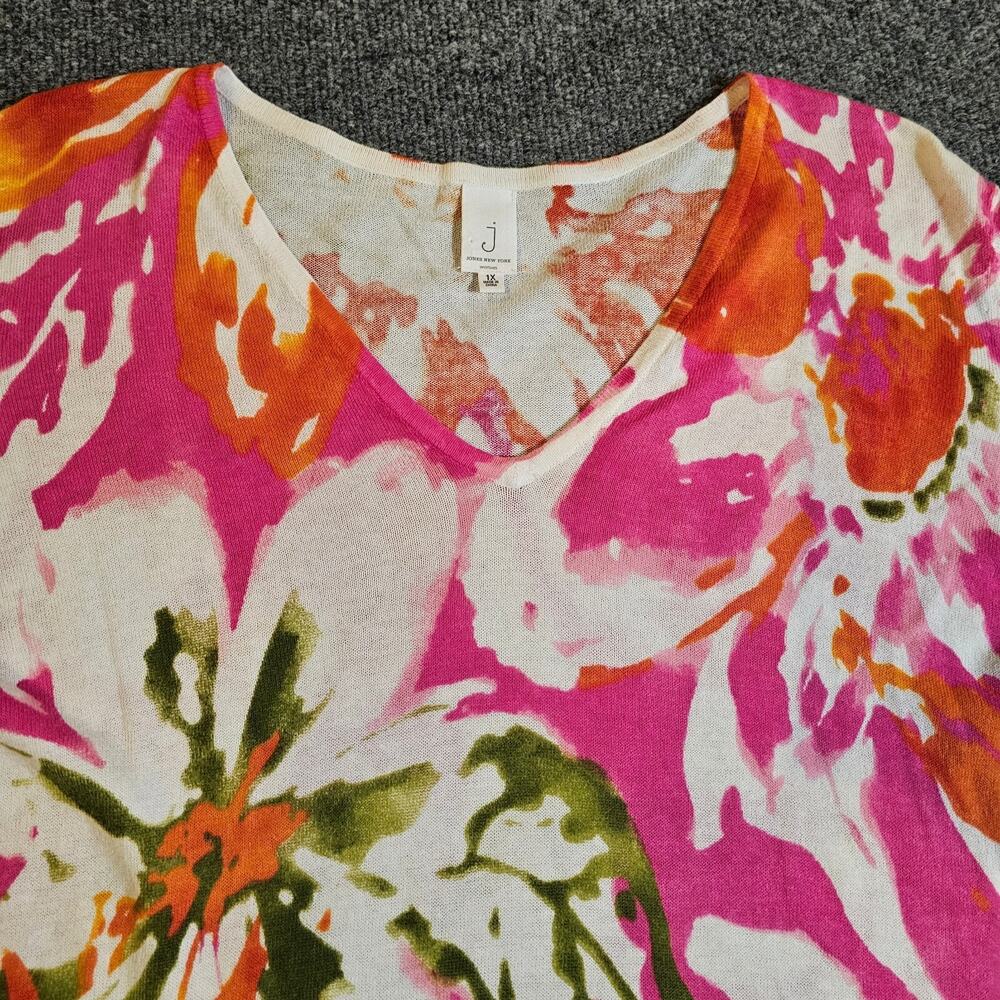 Jones New York Top Sweater Womens 1X Pink White Linen Blend Floral 3/4 Sleeve - Picture 2 of 9
